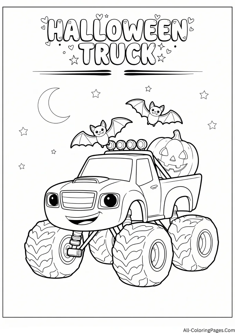 Monster truck carrying a jack o lantern with bats and a crescent moon, with the title Halloween Truck