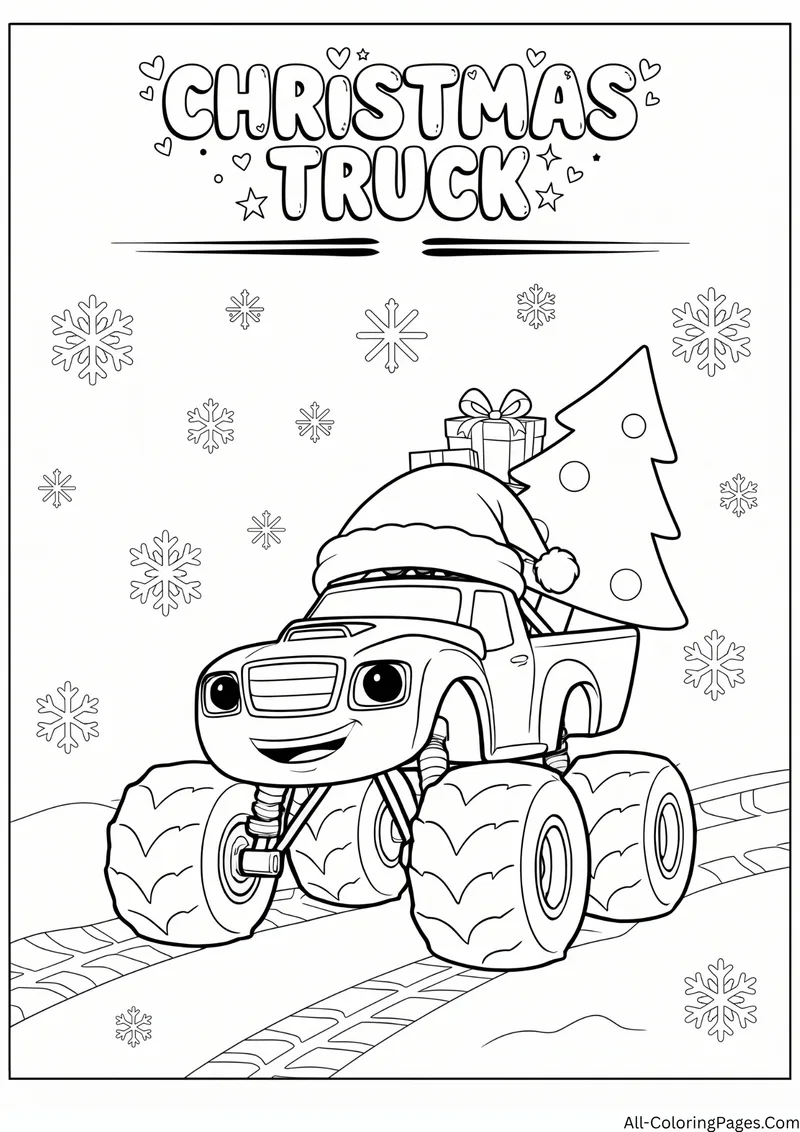 Monster truck in a Santa hat carrying a Christmas tree and a gift among snowflakes, with the title Christmas Truck