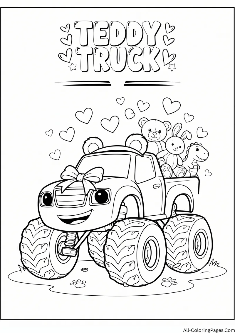 Monster truck with a bow carrying teddy bears and stuffed animals with hearts, with the title Teddy Truck