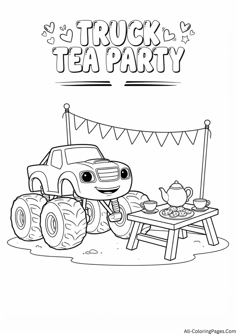 Monster truck beside a small table with a teapot and teacups under bunting, with the title Truck Tea Party