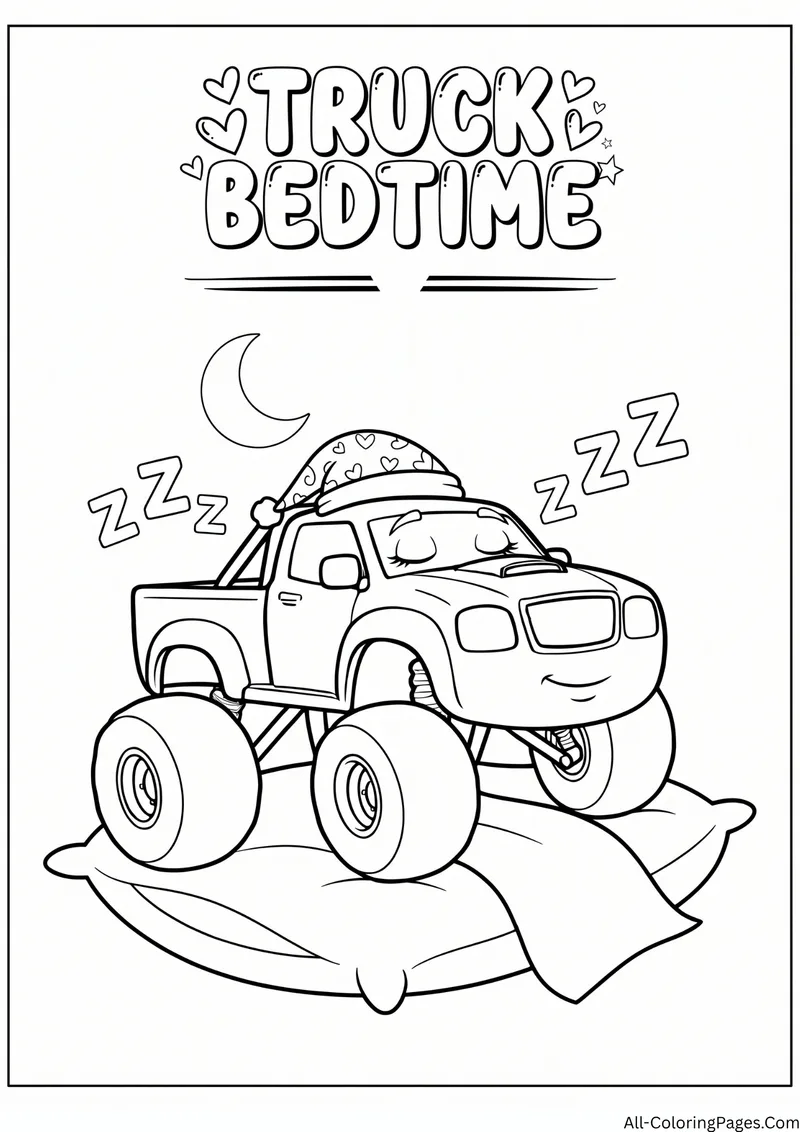 Sleeping monster truck wearing a nightcap on a big pillow with a crescent moon and Z letters, with the title Truck Bedtime