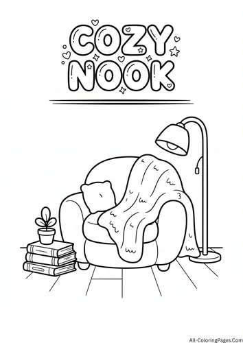 Armchair with a blanket and pillow beside a floor lamp, a stack of books and a small plant, with the title Cozy Nook