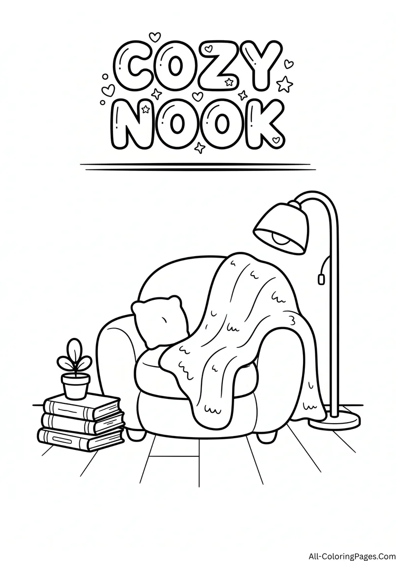 Armchair with a blanket and pillow beside a floor lamp, a stack of books and a small plant, with the title Cozy Nook