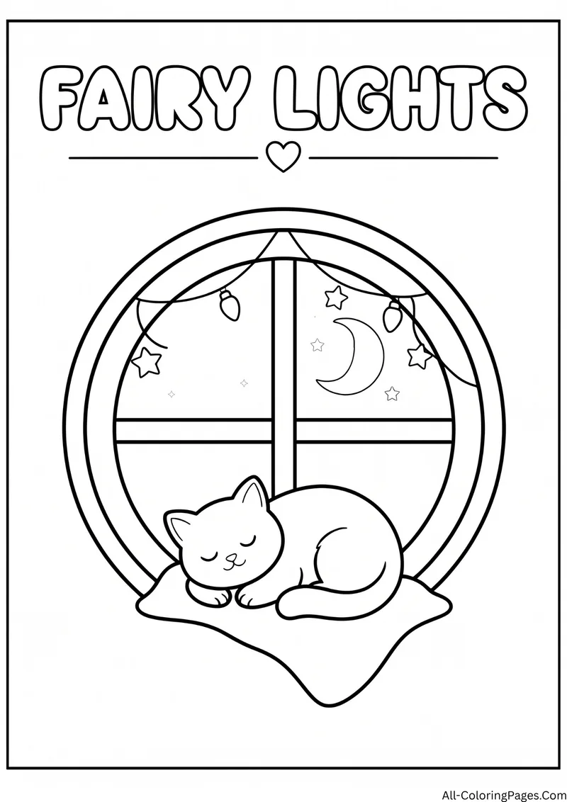 Round window with string lights, a crescent moon and a kitten sleeping on a cushion, with the title Fairy Lights
