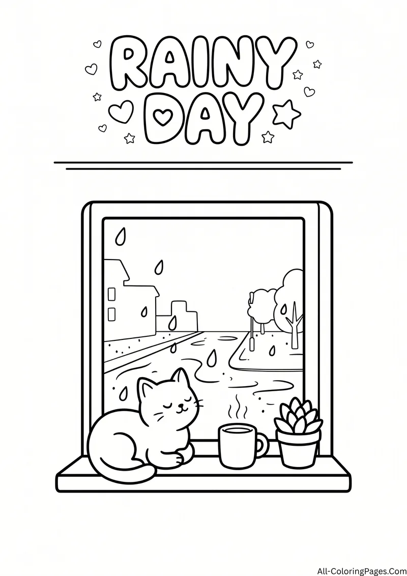 Window looking out on a rainy street with a sleeping cat, a mug and a potted plant on the sill, with the title Rainy Day