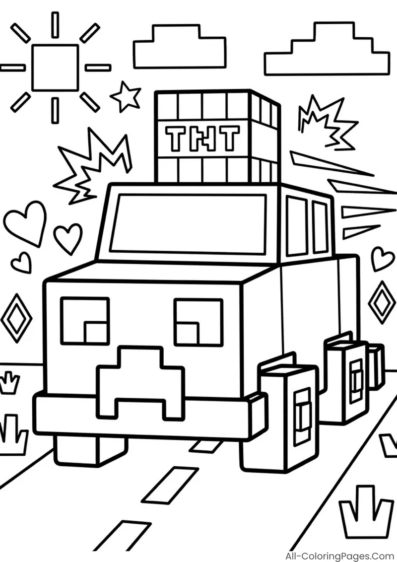 A Creeper-faced car carrying TNT blocks on its roof