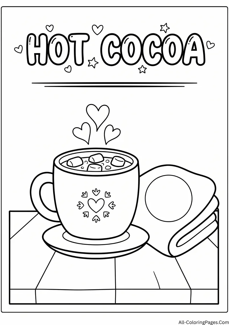 Mug of hot cocoa with marshmallows and a heart pattern beside a folded scarf, with the title Hot Cocoa