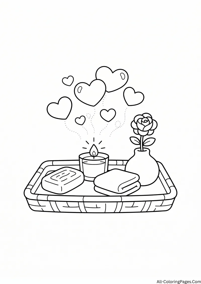 Woven tray with a lit candle, a rose in a vase, a soap bar and a folded towel with hearts above