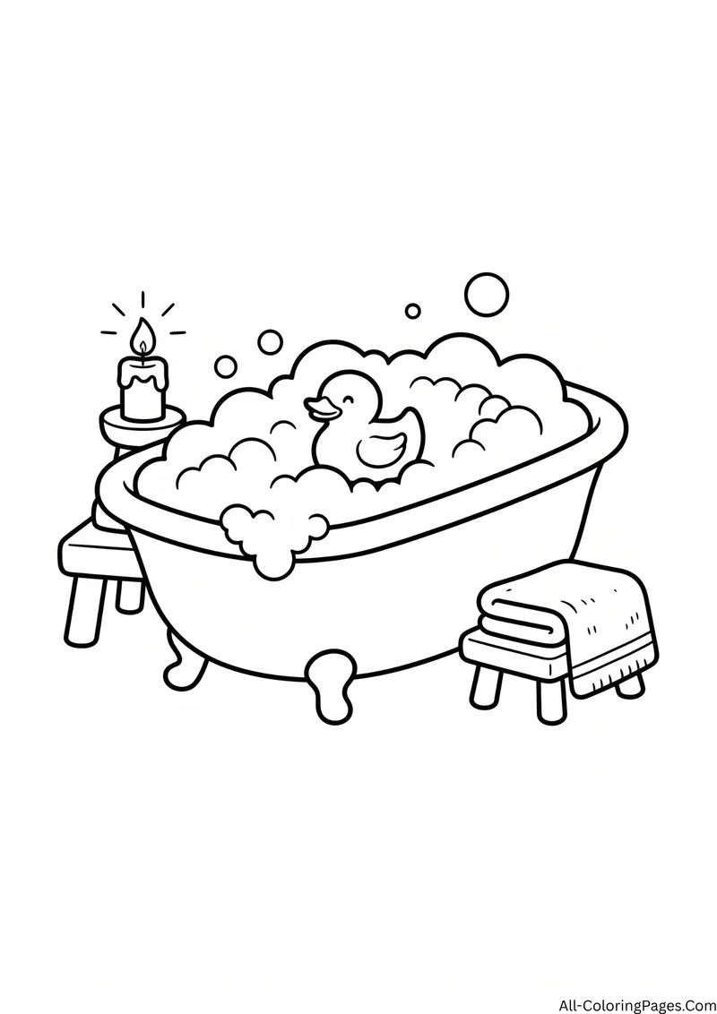Clawfoot bathtub full of bubbles with a rubber duck, a candle and a towel on a stool
