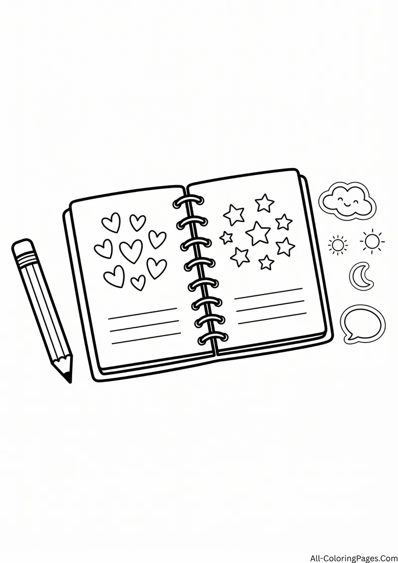 Open spiral journal with hearts and stars, a pencil and small sun, moon and cloud stickers