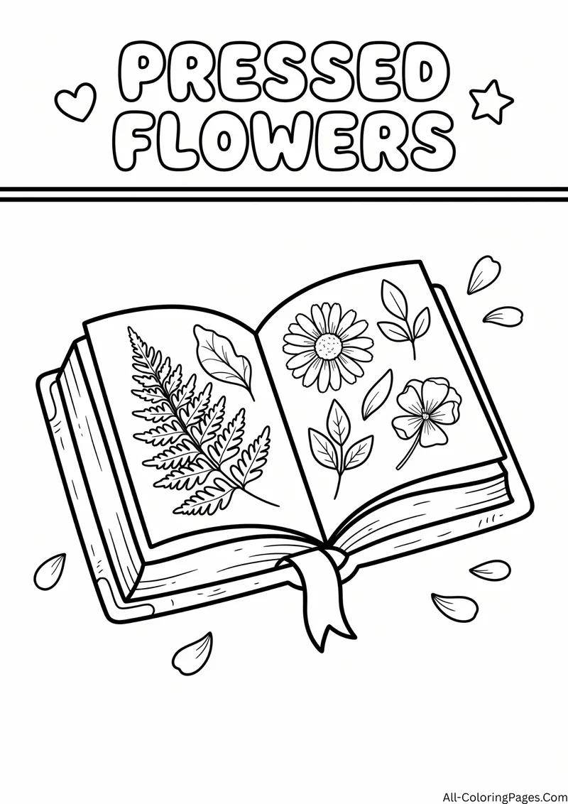 Open book with pressed fern leaves and flowers and falling petals, with the title Pressed Flowers