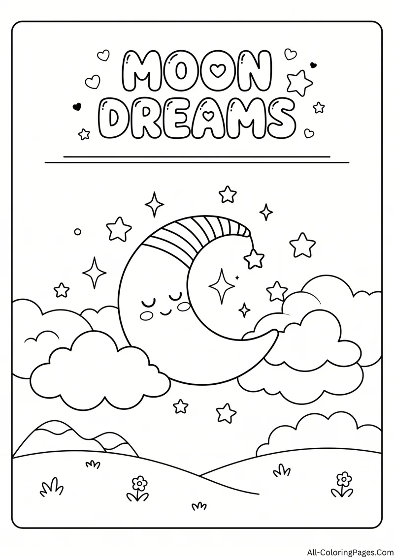 Sleeping crescent moon in a nightcap above clouds and hills with stars, with the title Moon Dreams