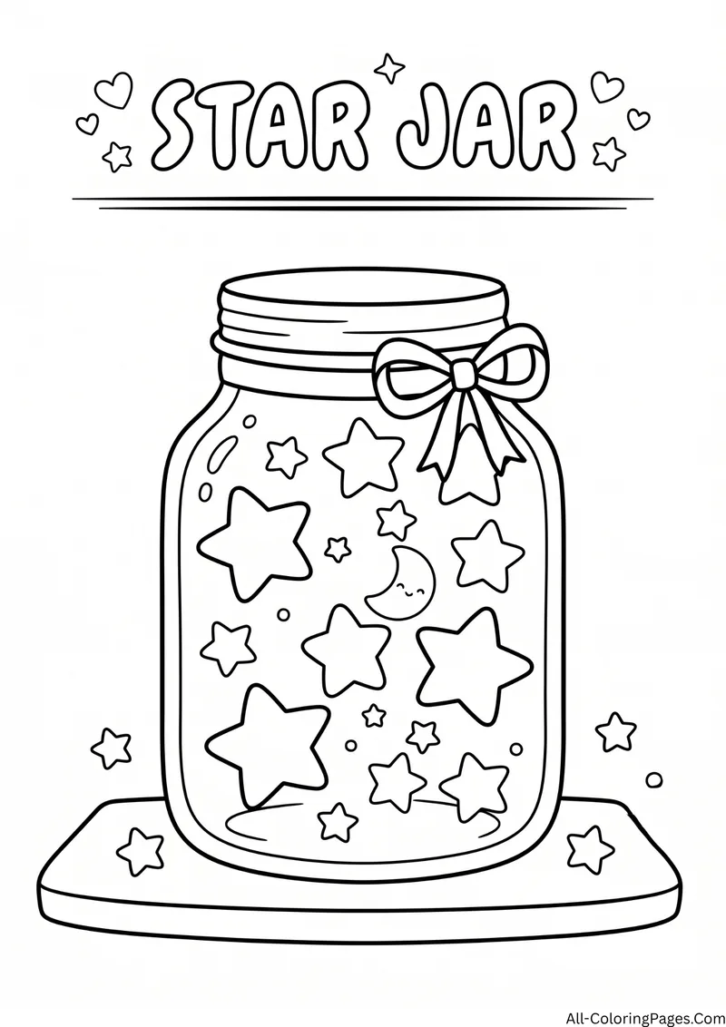 Glass jar with a bow filled with stars and a small moon, with the title Star Jar