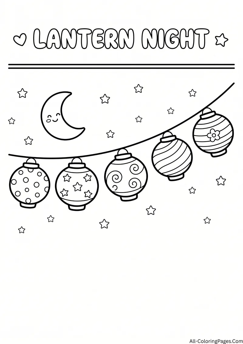 String of round paper lanterns with patterns under a smiling crescent moon and stars, with the title Lantern Night