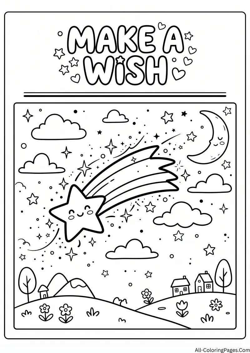 Smiling shooting star over clouds, a crescent moon and a small village on a hill, with the title Make a Wish