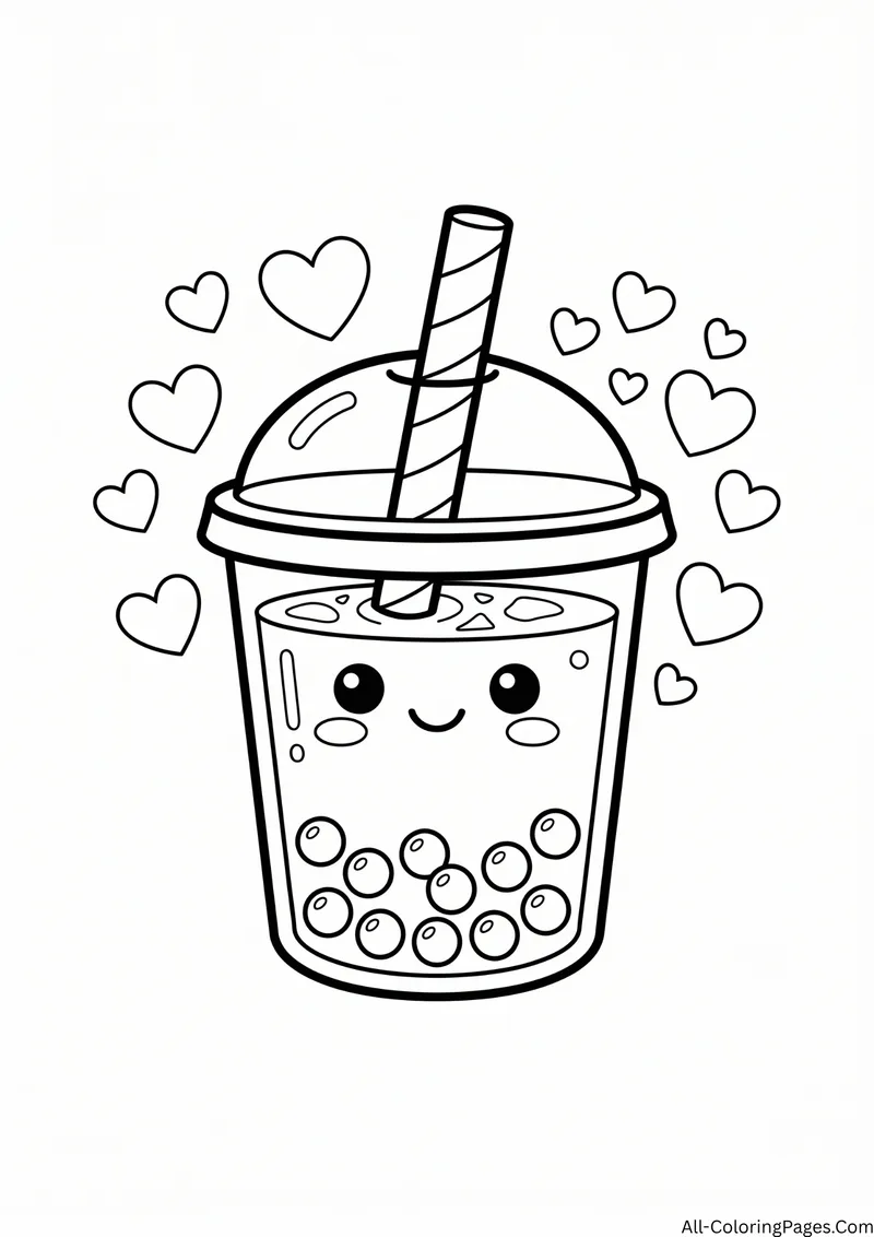 Smiling bubble tea cup with tapioca pearls, a dome lid and a striped straw among hearts