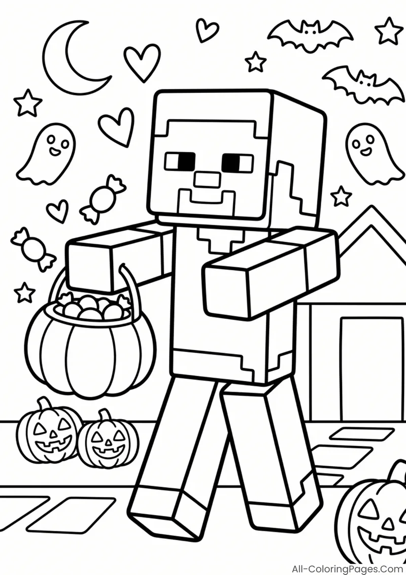 A smiling blocky character carrying a candy bucket among pumpkins and bats
