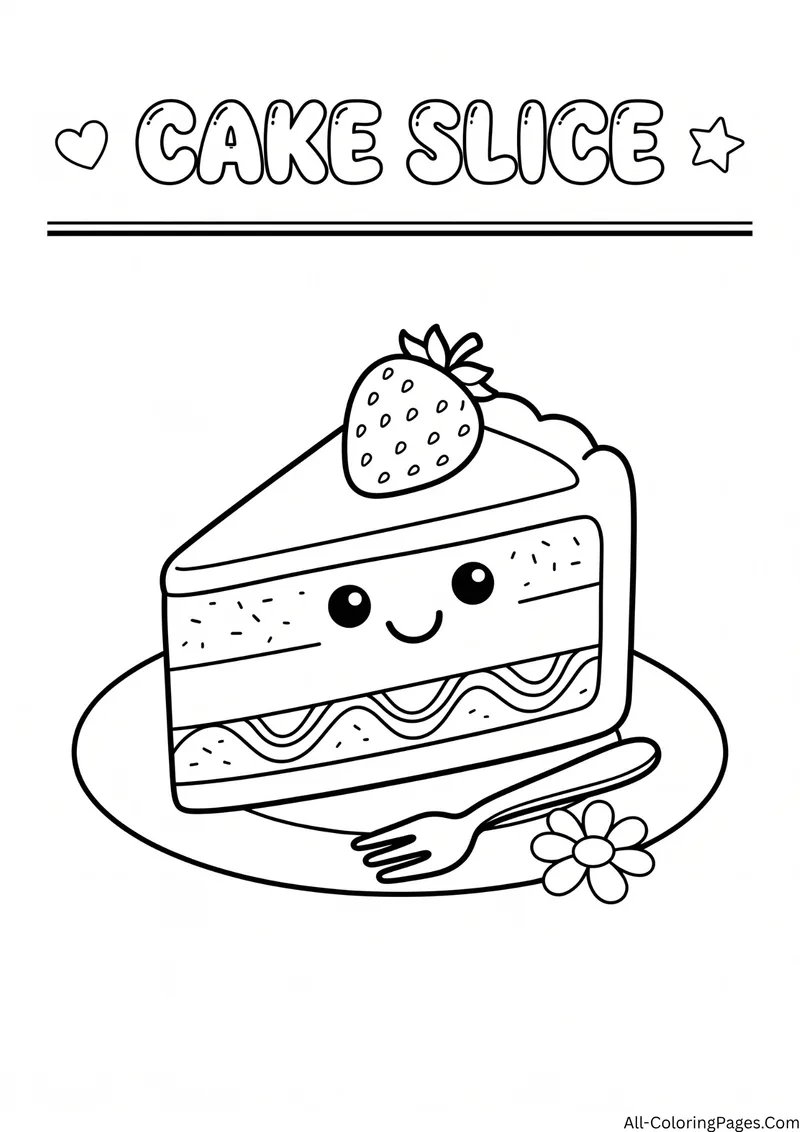 Smiling slice of layer cake with a strawberry on top, a fork and a flower, with the title Cake Slice