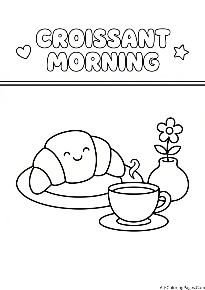 Smiling croissant on a plate beside a steaming cup and a flower in a vase, with the title Croissant Morning