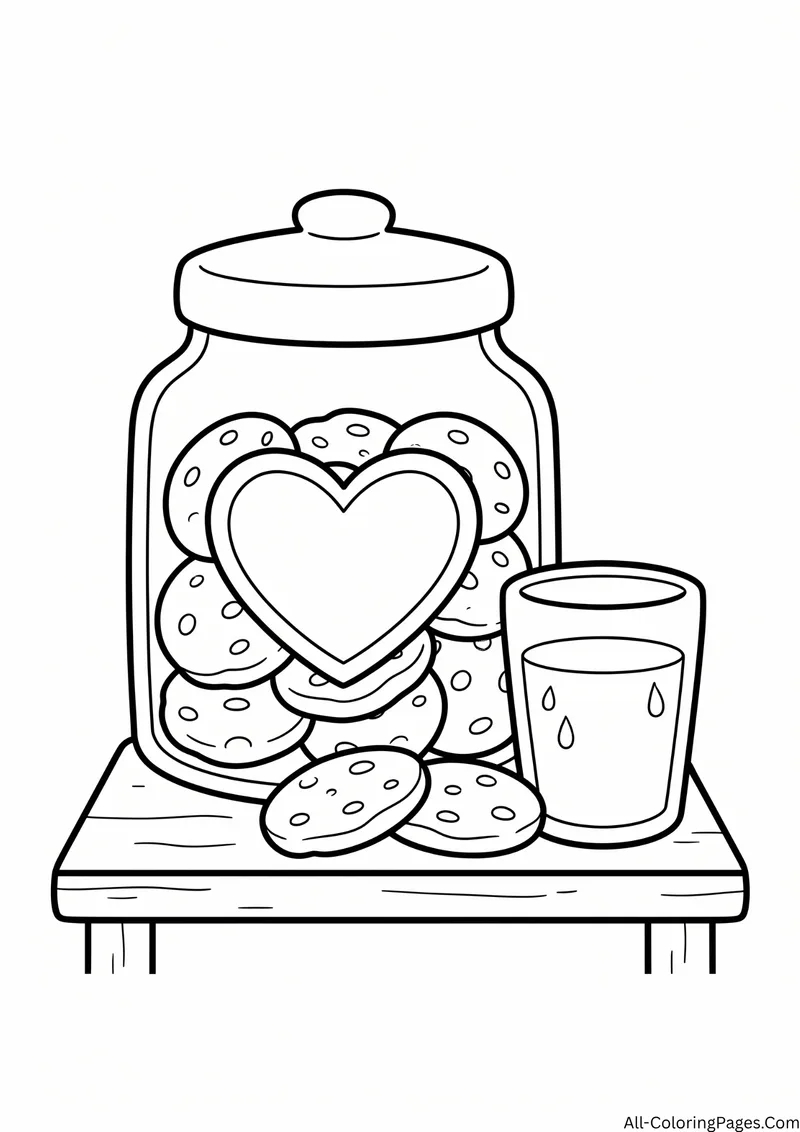 Glass cookie jar with a heart shaped cookie and a glass of milk on a wooden table