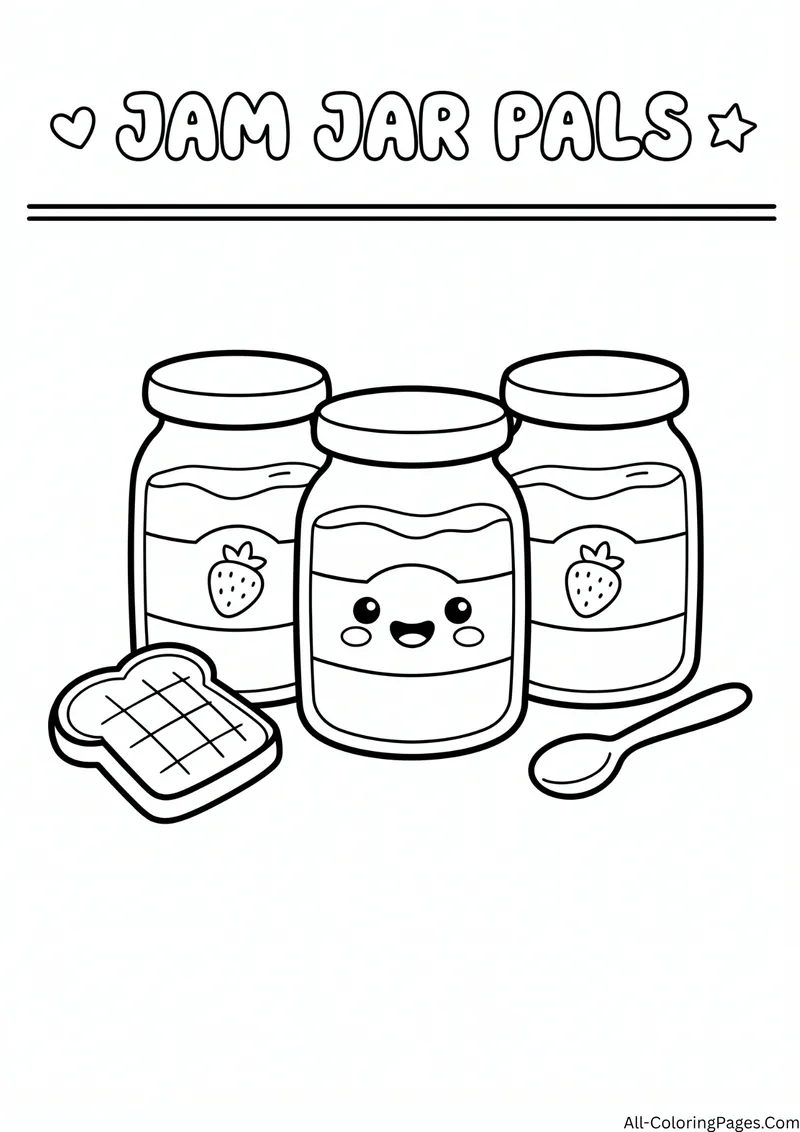 Three strawberry jam jars, one with a smiling face, beside toast and a spoon, with the title Jam Jar Pals