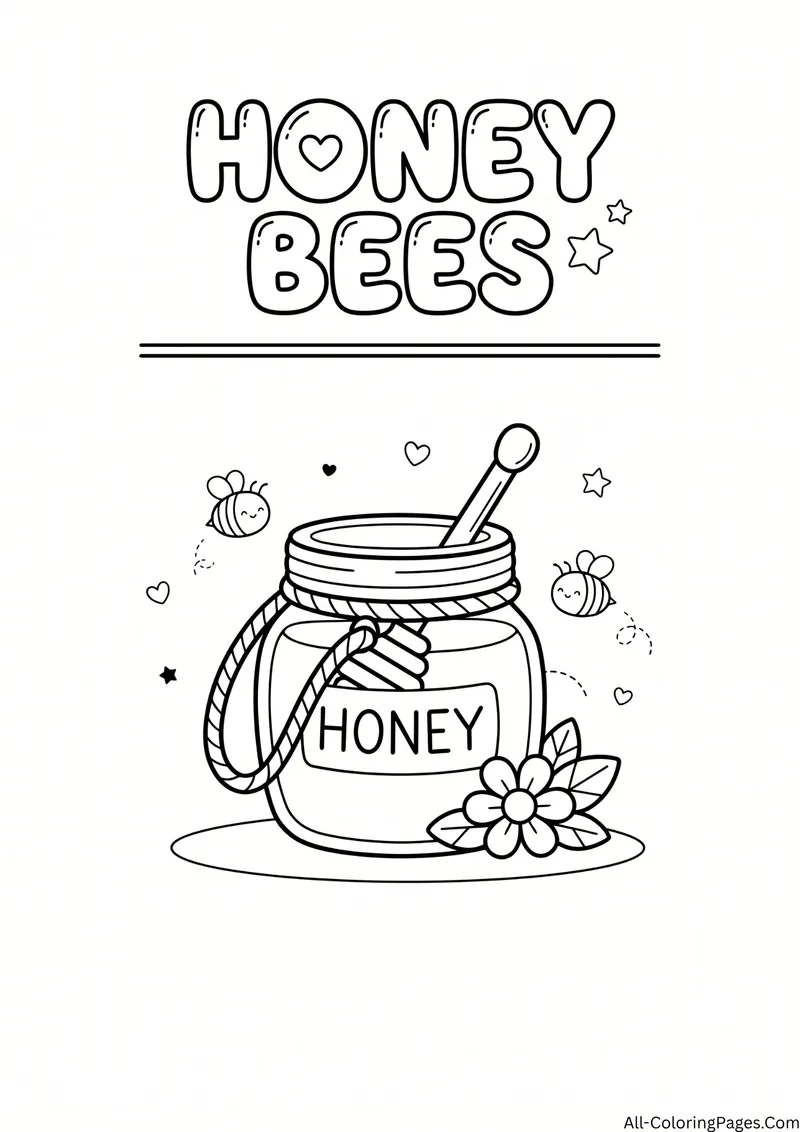 Honey jar with a dipper and a flower as small bees fly around it, with the title Honey Bees