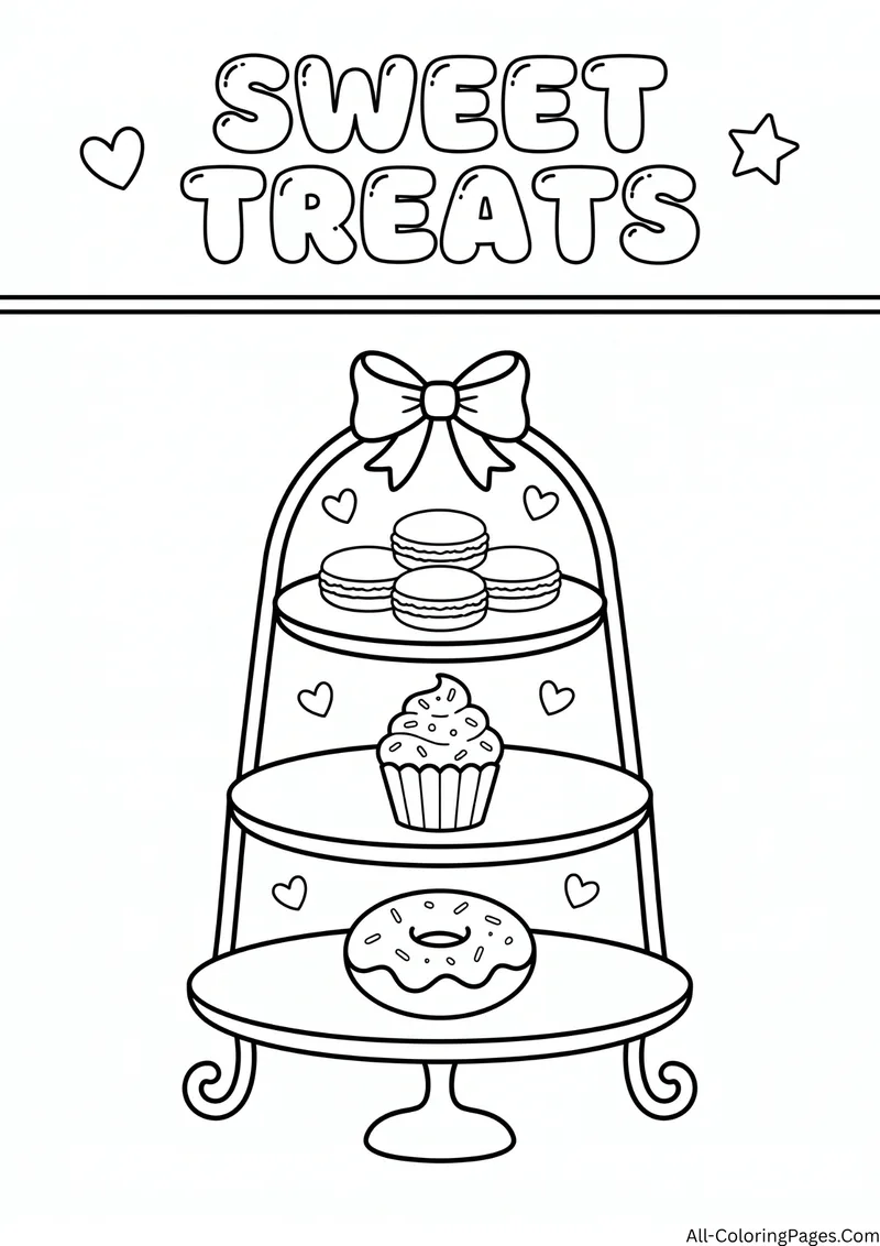 Three tier dessert stand with macarons, a cupcake and a donut topped with a bow, with the title Sweet Treats