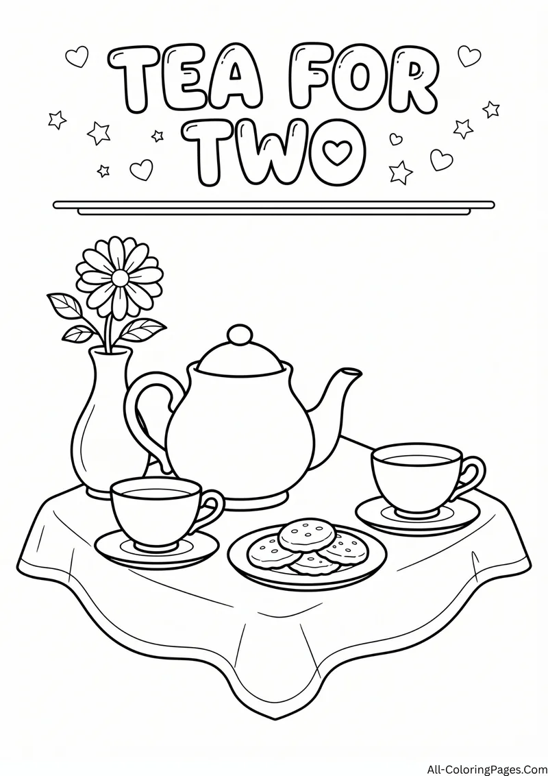 Teapot, two teacups, cookies and a flower vase on a table with a cloth, with the title Tea for Two