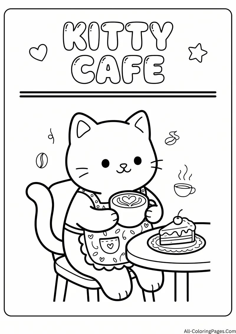 Cat wearing an apron holding a latte at a cafe table with a slice of cake, with the title Kitty Cafe