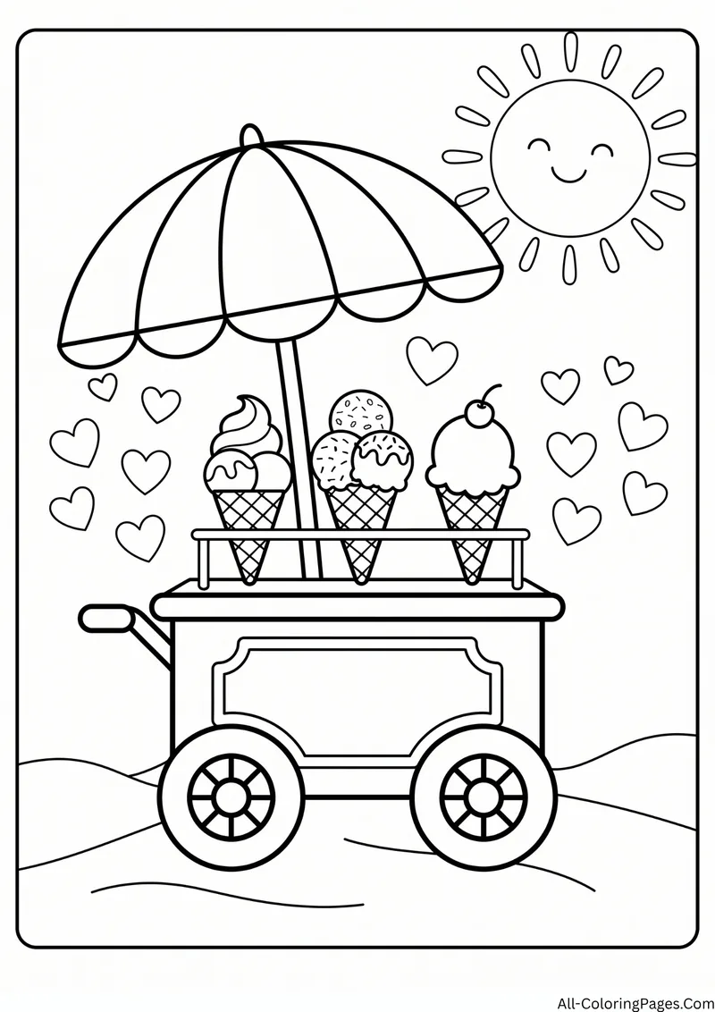 Ice cream cart with three cones under an umbrella and a smiling sun with hearts