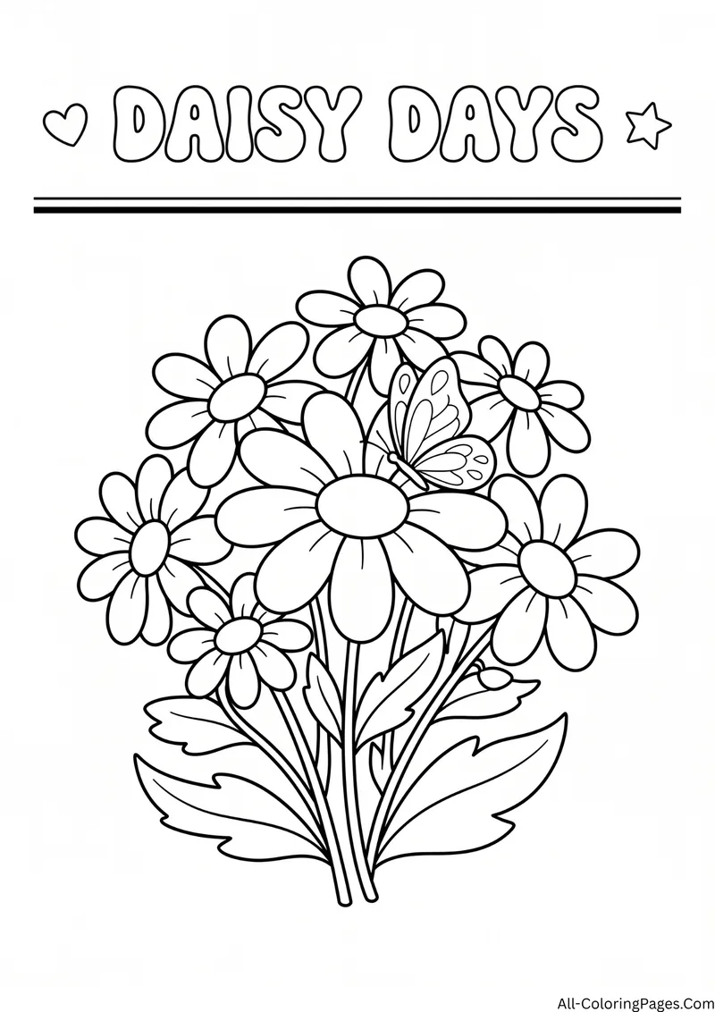 Bouquet of daisies with leaves and a butterfly, with the title Daisy Days