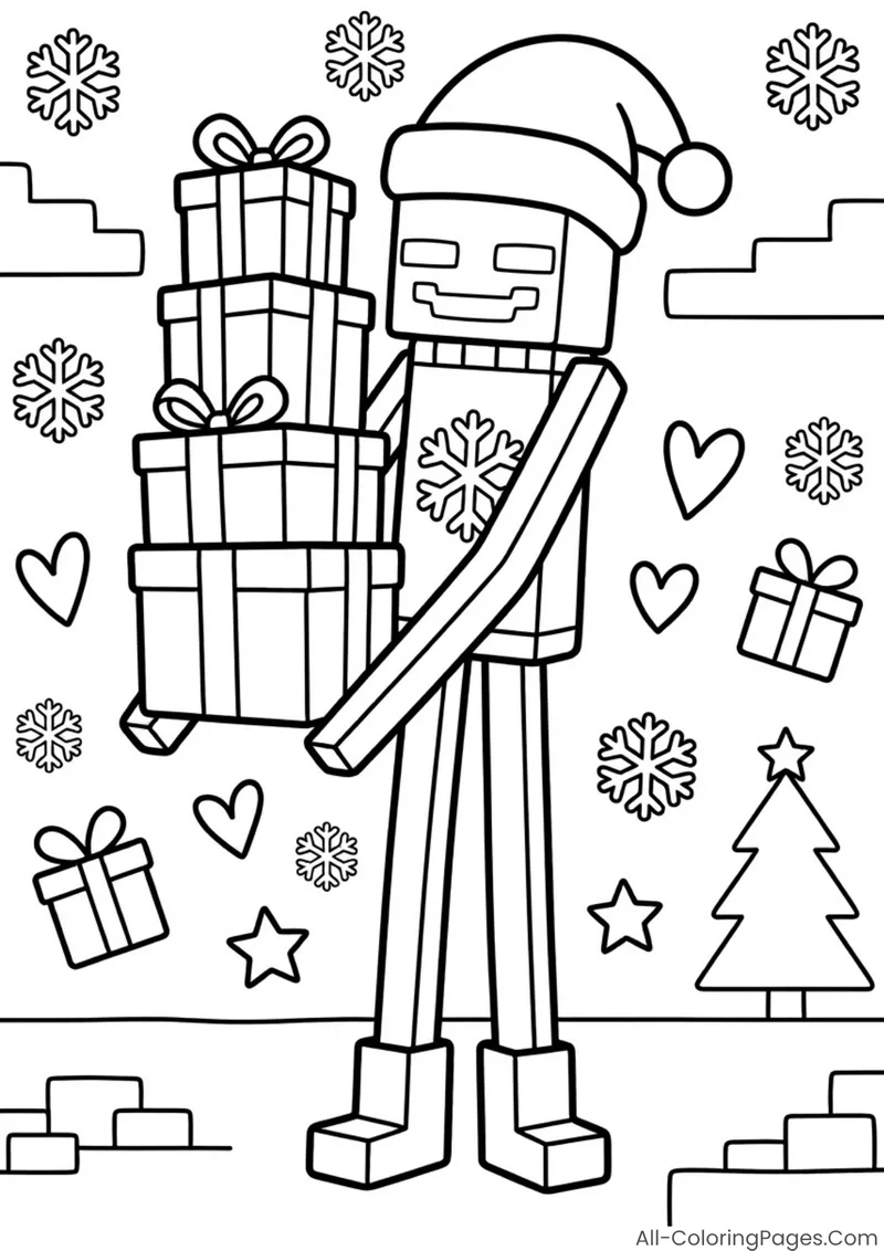 An Enderman in a Santa hat holding a stack of wrapped gifts