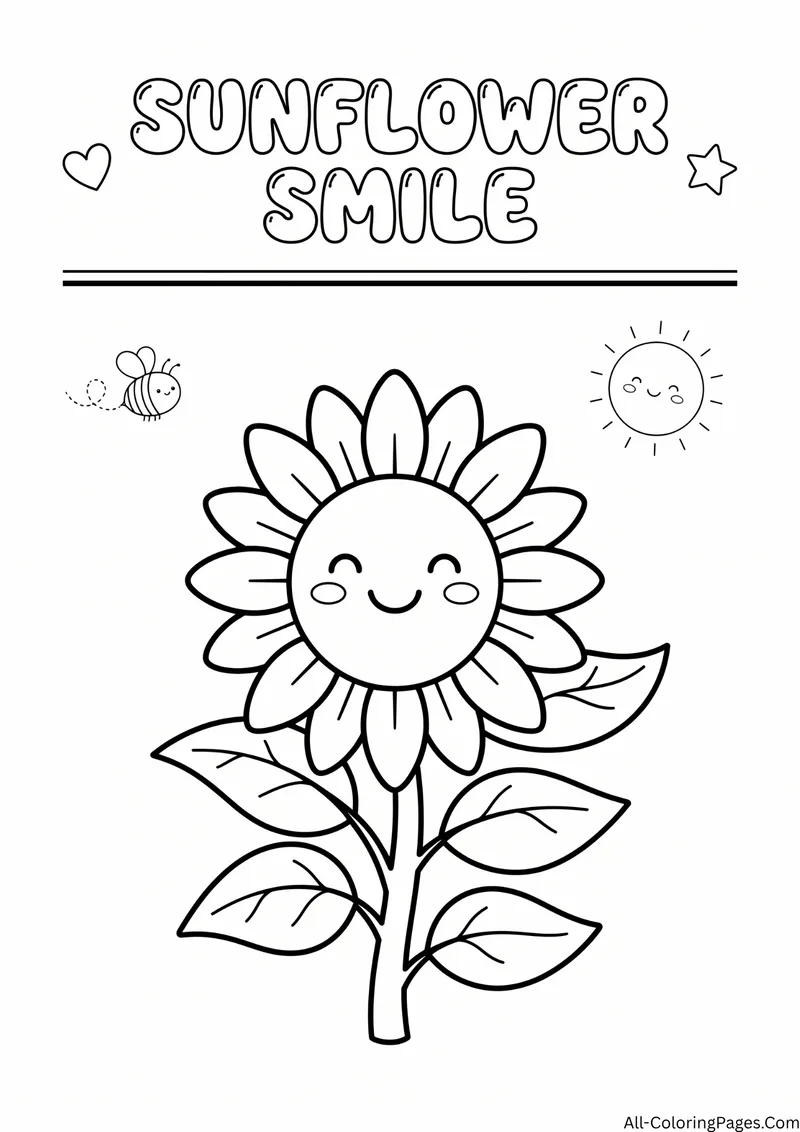 Smiling sunflower with leaves, a small bee and a sun, with the title Sunflower Smile