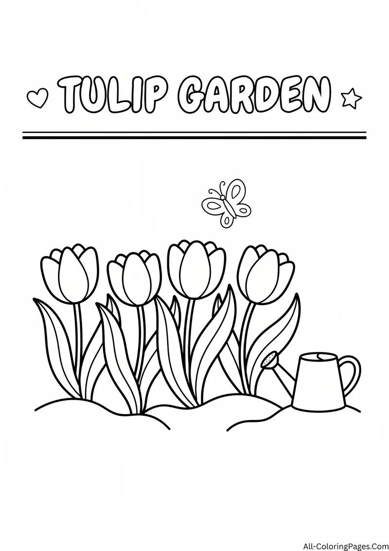 Row of tulips with a watering can and a butterfly, with the title Tulip Garden