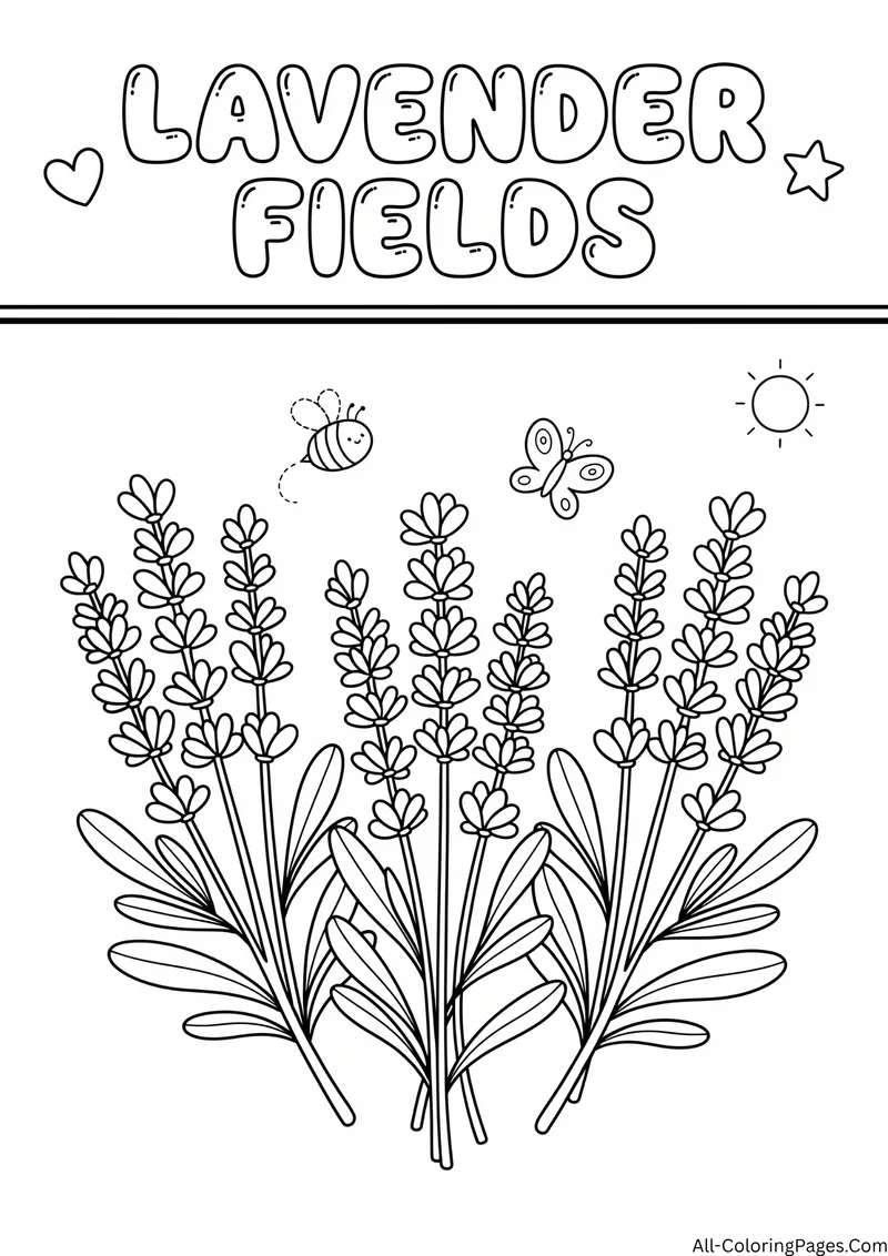 Bunch of lavender stems with a bee, a butterfly and a small sun, with the title Lavender Fields