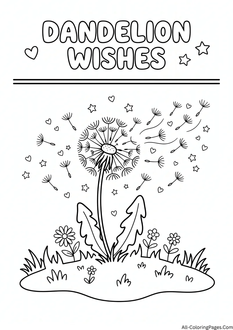 Dandelion puff releasing seeds into the air above grass and flowers, with the title Dandelion Wishes