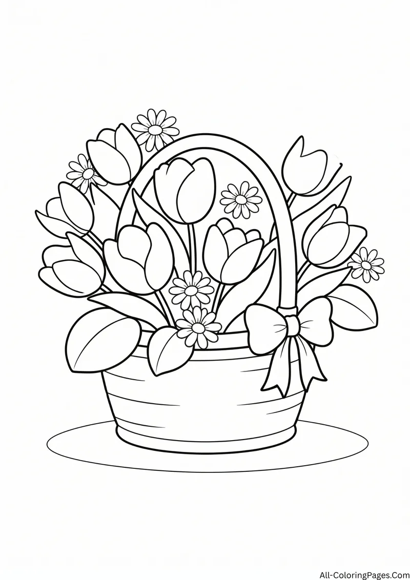 Woven basket full of tulips and daisies with a bow on the handle