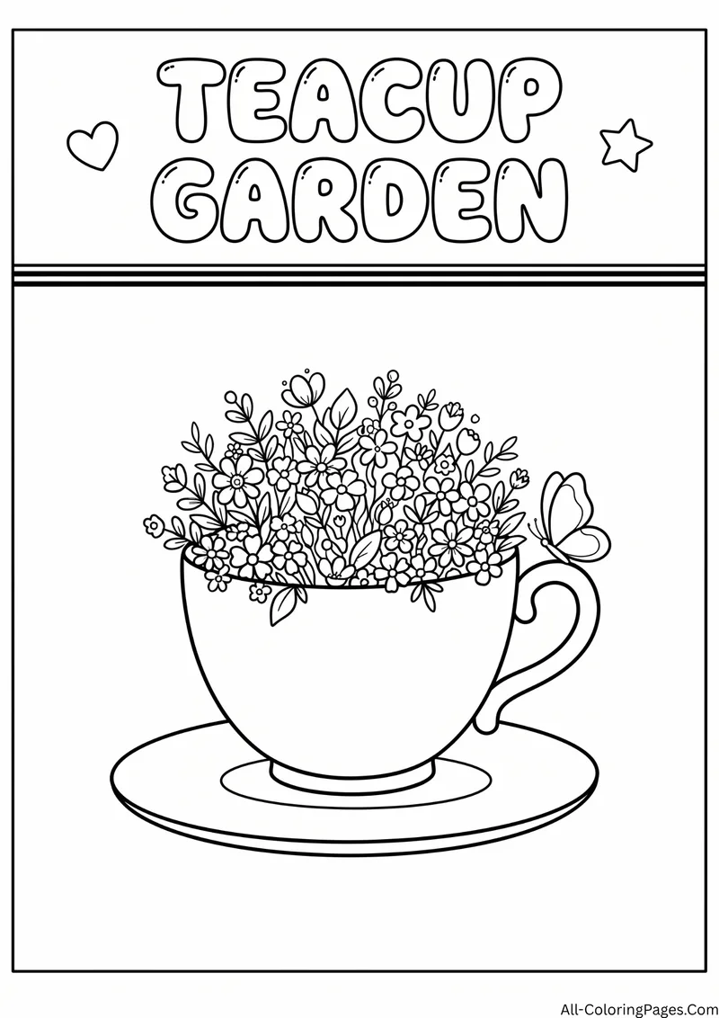 Teacup on a saucer filled with small flowers and a butterfly, with the title Teacup Garden
