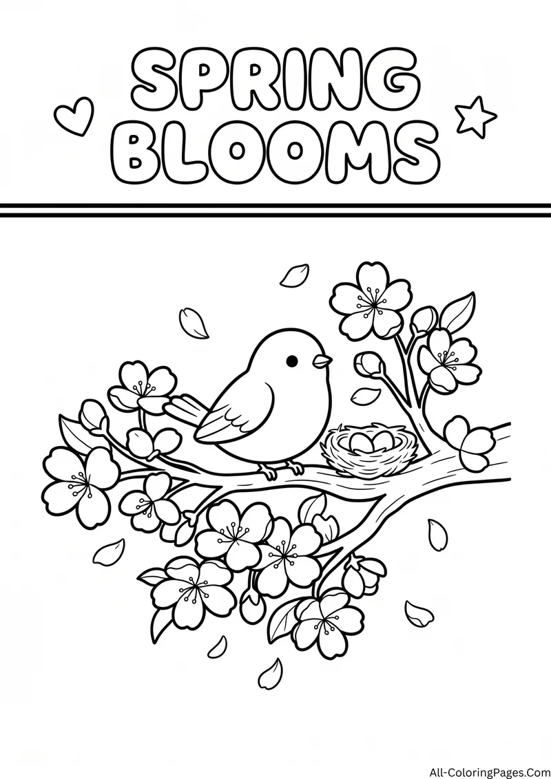 Bird on a blossom branch beside a nest with eggs and falling petals, with the title Spring Blooms