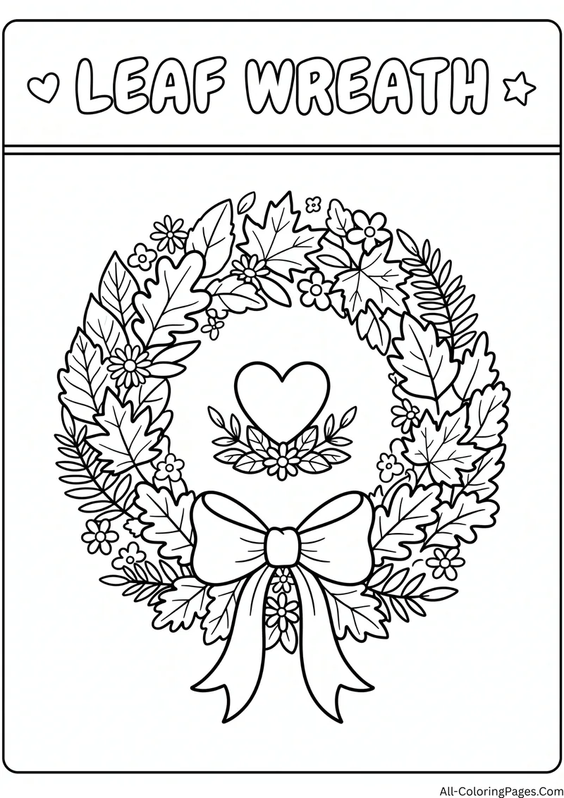 Round wreath of leaves and flowers with a heart in the center and a bow, with the title Leaf Wreath