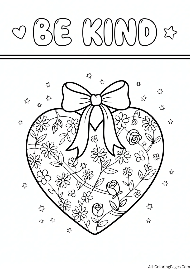 Large heart filled with flowers and leaves topped with a bow, with the title Be Kind