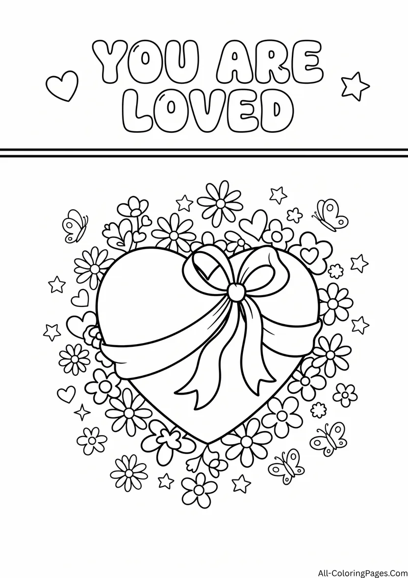 Heart wrapped with a ribbon bow surrounded by flowers and butterflies, with the title You Are Loved