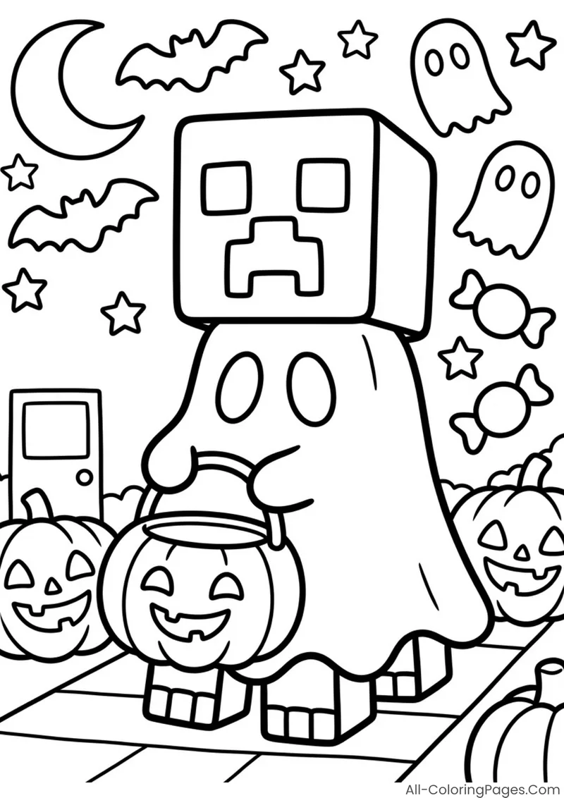 A Creeper wearing a ghost costume beside a jack-o-lantern candy bucket