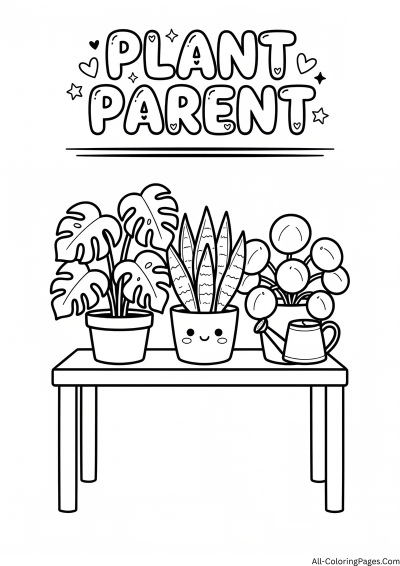 Three potted plants, one with a smiling face, and a watering can on a table, with the title Plant Parent