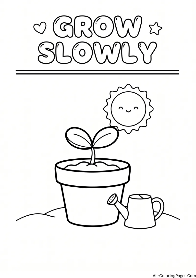Small sprout in a flowerpot with a watering can and a smiling sun, with the title Grow Slowly