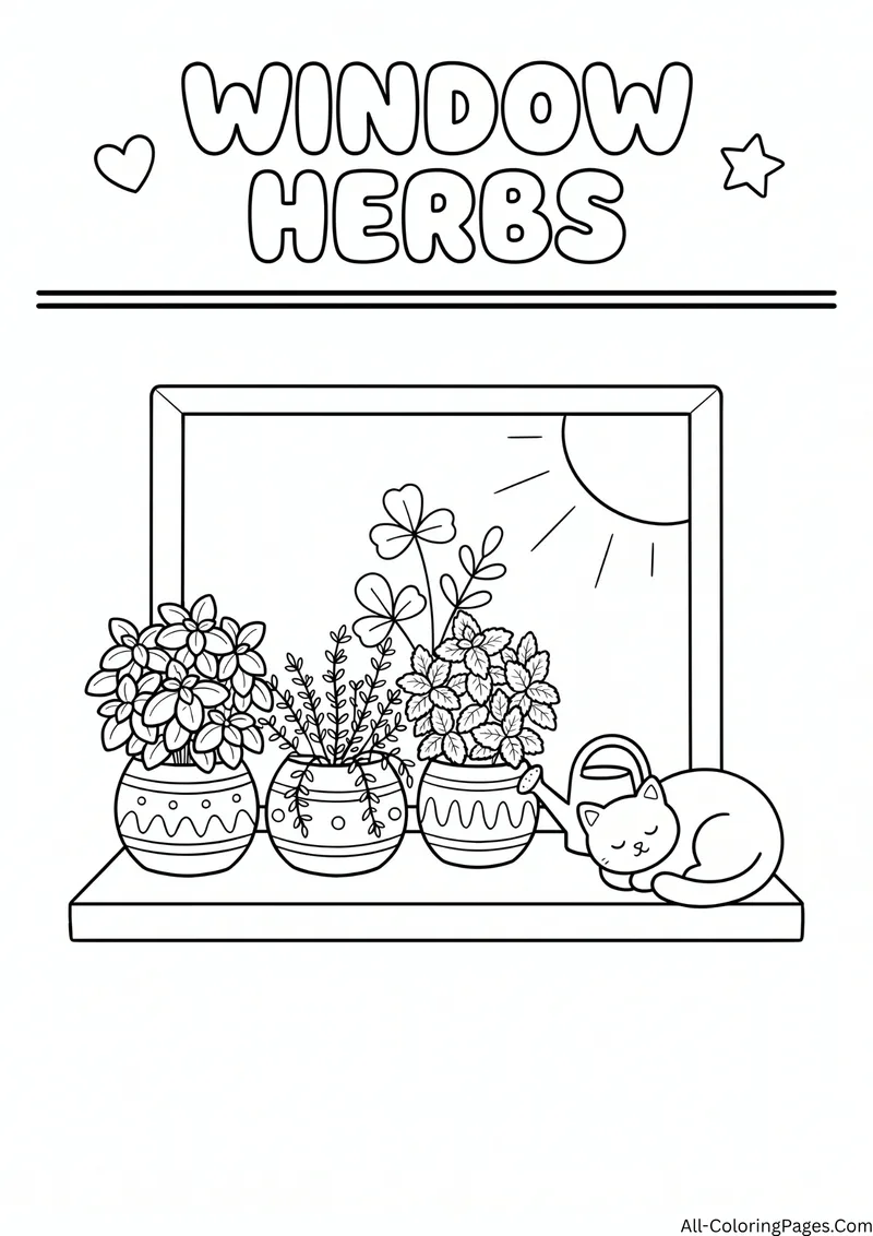 Potted herbs on a windowsill with the sun outside and a sleeping cat, with the title Window Herbs