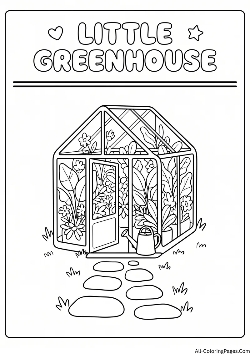 Small glass greenhouse full of plants with a stepping stone path, with the title Little Greenhouse