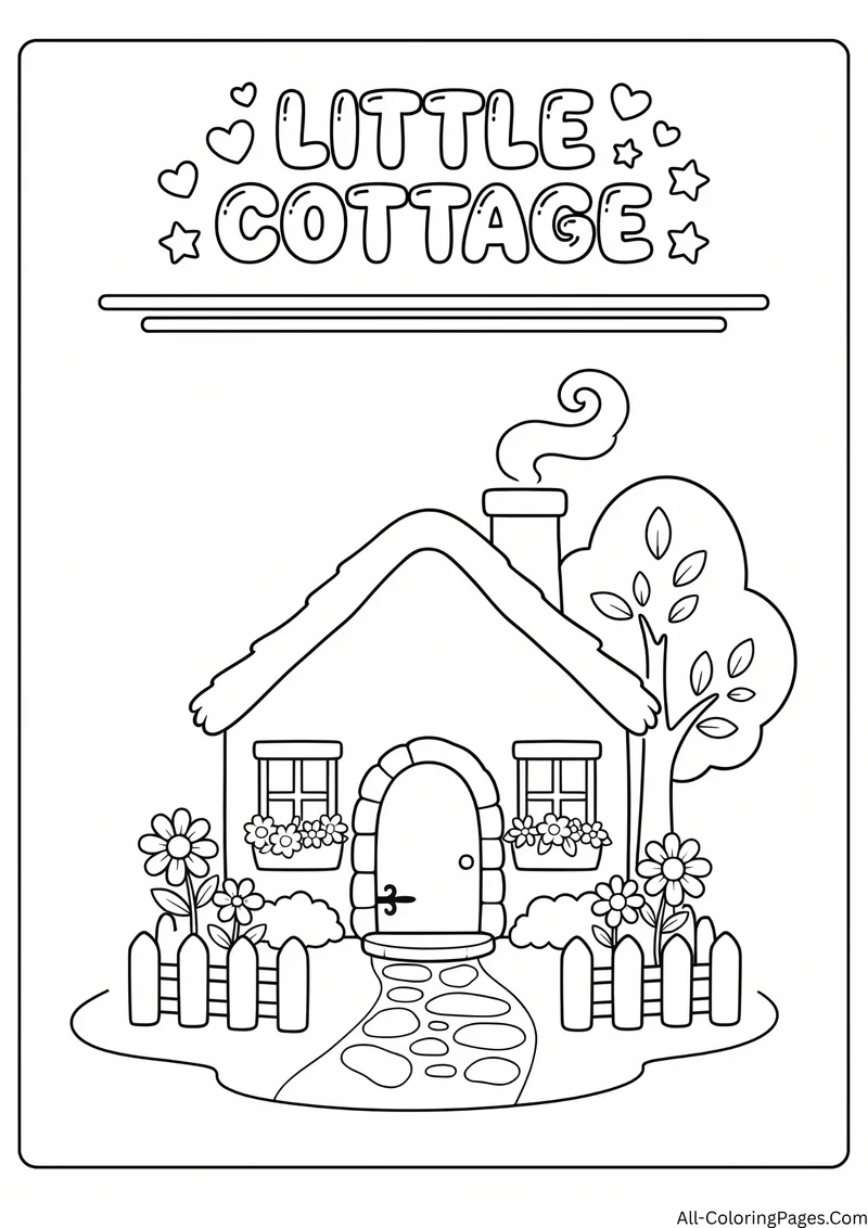 Cottage with a chimney, flower boxes, a tree, a picket fence and a stone path, with the title Little Cottage