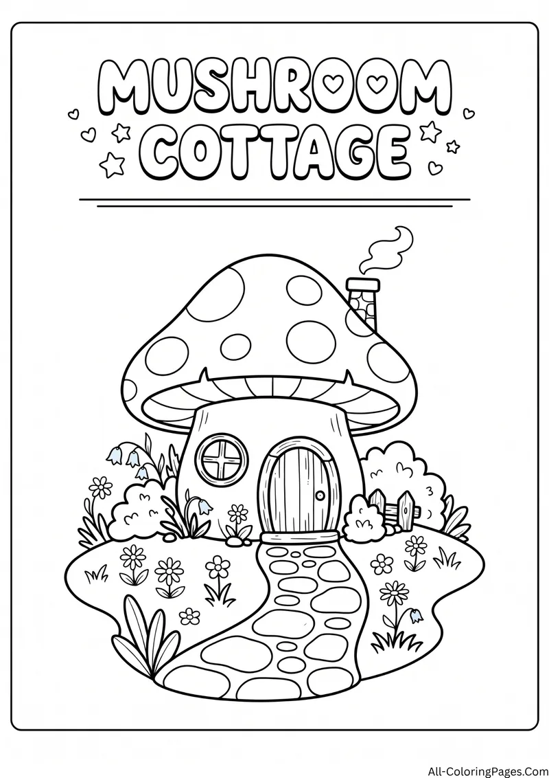 Spotted mushroom house with a round door, windows, a chimney and a stone path among flowers, with the title Mushroom Cottage