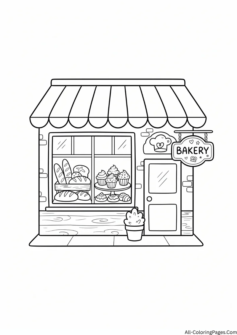 Small bakery shop front with a striped awning, a bakery sign and pastries in the window